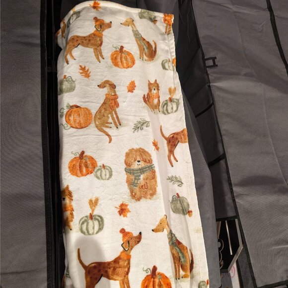 Oversized Velvet Plush Throw Blanket – Dogs & Pumpkins Print, New - Picture 3 of 4